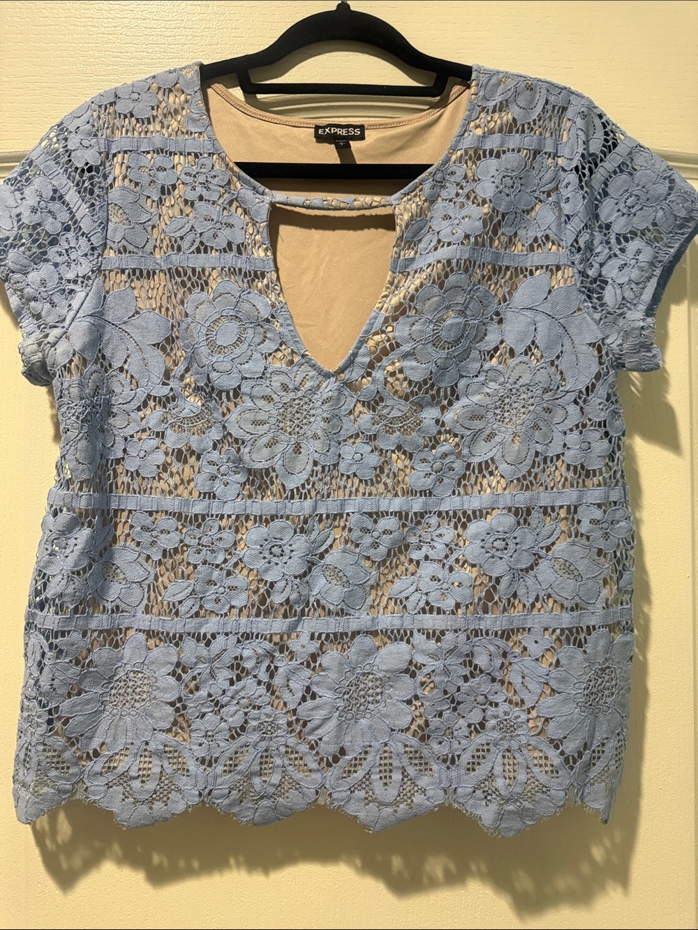 Express Sky Blue Floral Lace V-Neck Short Sleeve Top